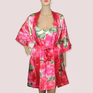 Vanity Fair Pink Satin Floral Robe & Chemise Nightgown Set Women’s Small